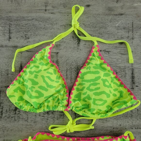 Popvil Lime Green Cheetah Triangle Top and High Rise 2 piece Bathing Suit - Picture 2 of 8